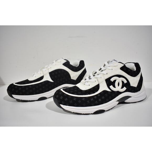 Chanel 22A Mens Black White Suede CC Logo Low Top Lace Up Trainer Sneaker 45 12 - Picture 9 of 11